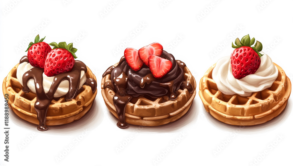 Poster three waffles with chocolate and strawberry toppings. the waffles are arranged in a row, with the mi