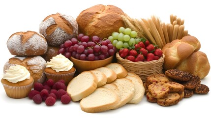 A variety of baked goods, fruits, and sweets arranged for a delightful display.