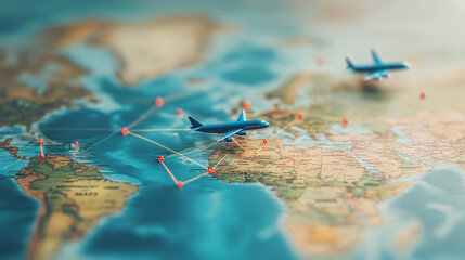 Air travel connections over world map global travel planning digital illustration aerial perspective navigation concept