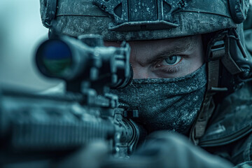 Fototapeta premium Intense military sniper focused in winter forest environment