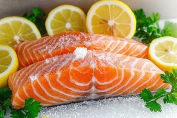 Frozen Salmon Steak with Ice Crystals and Lemon Slices