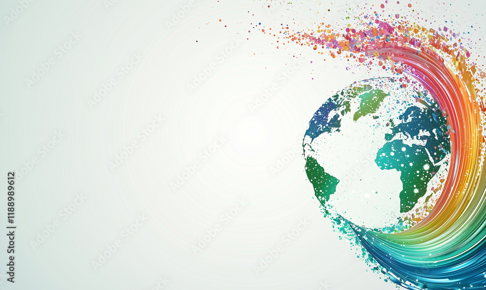 Poster colorful abstract representation of earth, featuring a dynamic swirl of vibrant dots and a clean bac