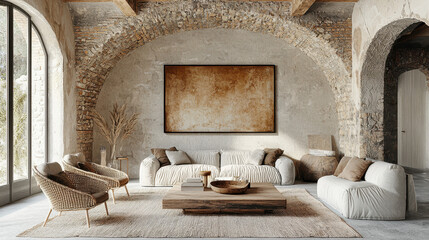 Rustic Charm and Minimalist Elegance: A contemporary living space with a rustic feel, featuring a warm and inviting color palette, exposed brick walls, and arched doorways.