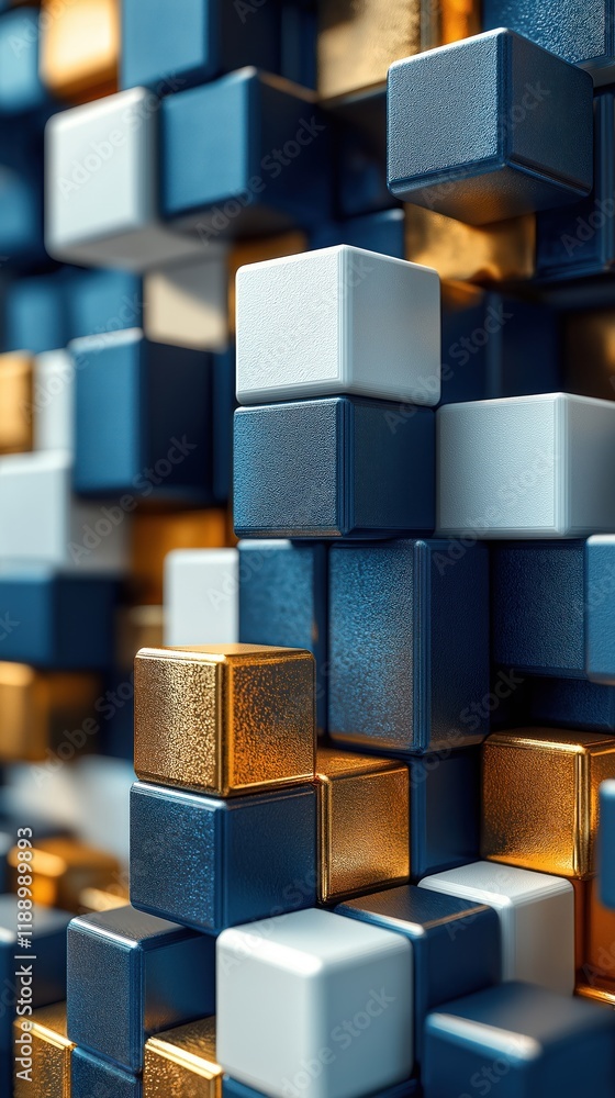 Poster abstract 3d cube structure in blue white and gold. shiny glossy cubes form a complex geometric patte
