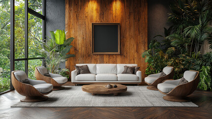 Modern Living Room Interior: An inviting and sophisticated living room, designed with a touch of nature.  A spacious.