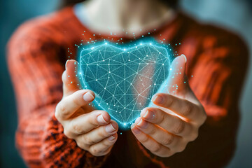 Woman holding digital heart hologram with geometric patterns