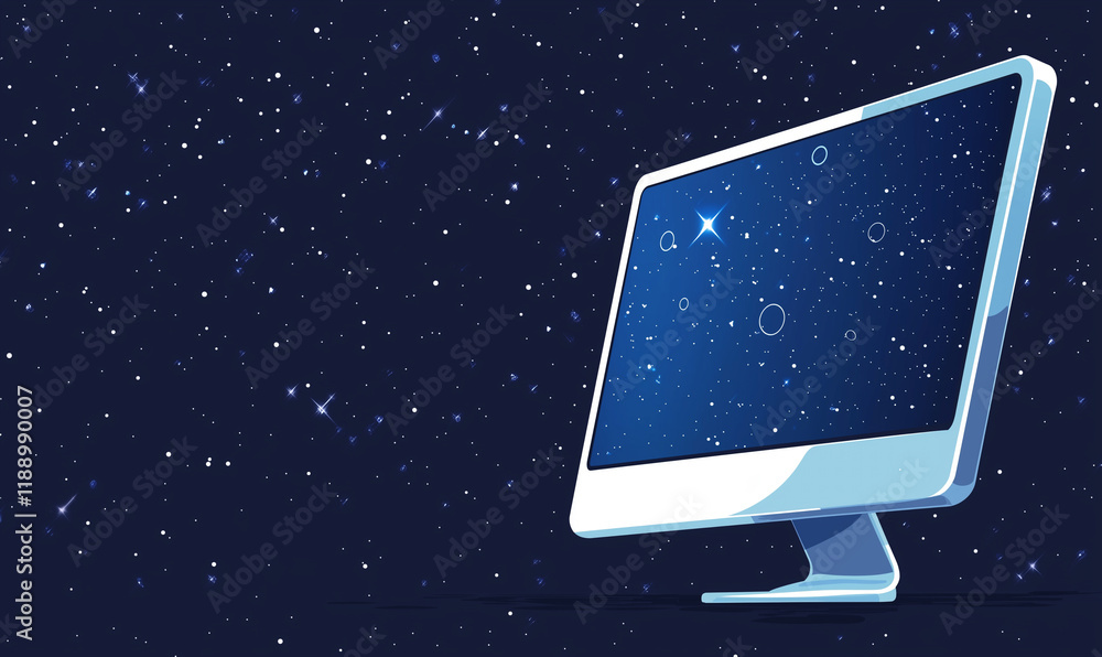 Poster a computer monitor displays a starry night sky, creating a serene and cosmic atmosphere in a digital