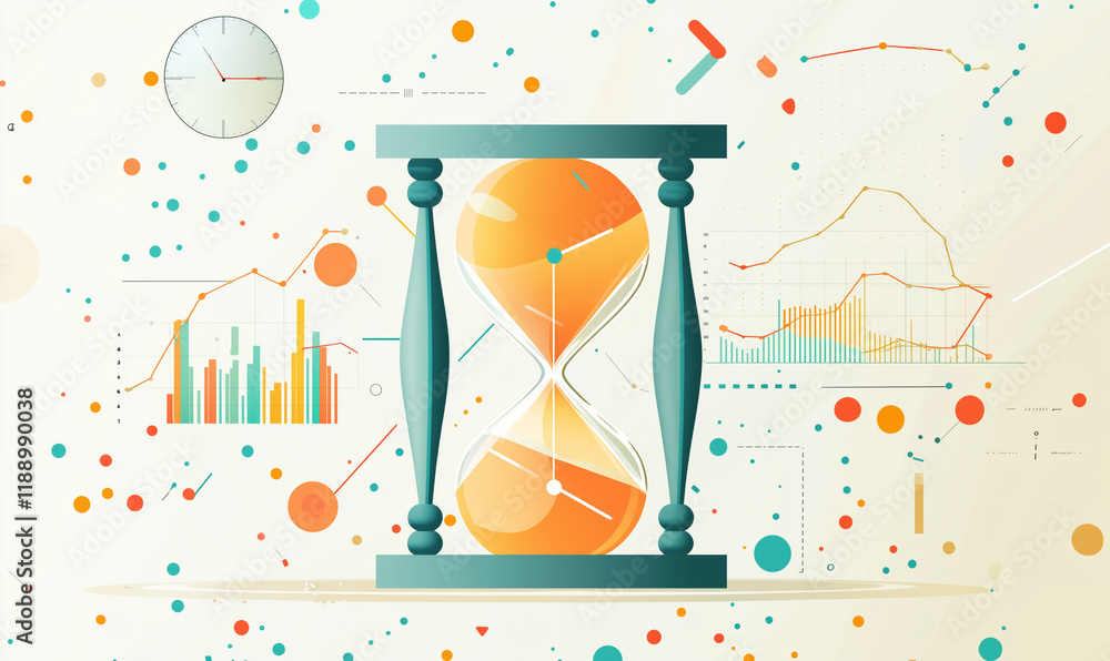 Poster colorful digital illustration of an hourglass surrounded by data charts and abstract shapes, symboli