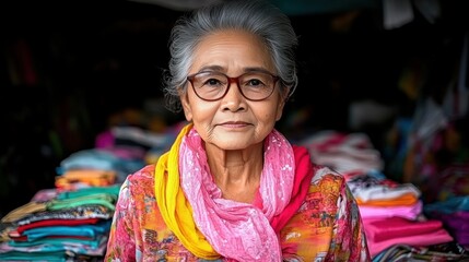 Fototapeta premium An elderly lady, her wisdom and grace evident, strolls through a vibrant vintage marketplace, exploring antique treasures and colorful textiles Her journey reflects a lifetime of experiences, each
