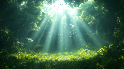 Obraz premium Sunbeams filtering through lush green forest canopy, creating a magical and serene atmosphere