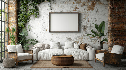 Bohemian Chic Living Room Mockup: An inviting bohemian-inspired living room with exposed brick walls,  lush greenery, and a comfortable white sofa with a cozy throw blanket.