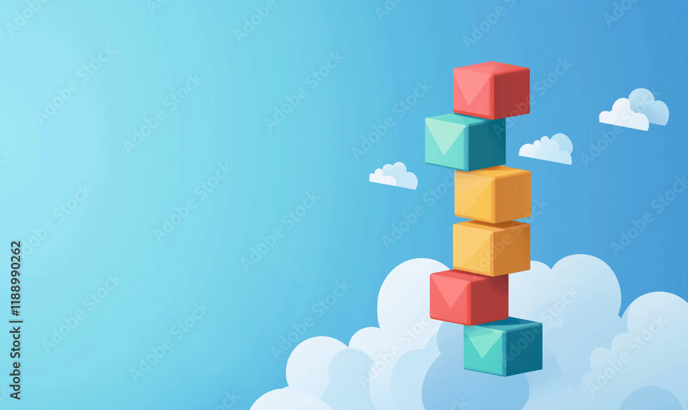Poster colorful blocks are stacked against a blue sky with fluffy clouds, creating a playful and imaginativ
