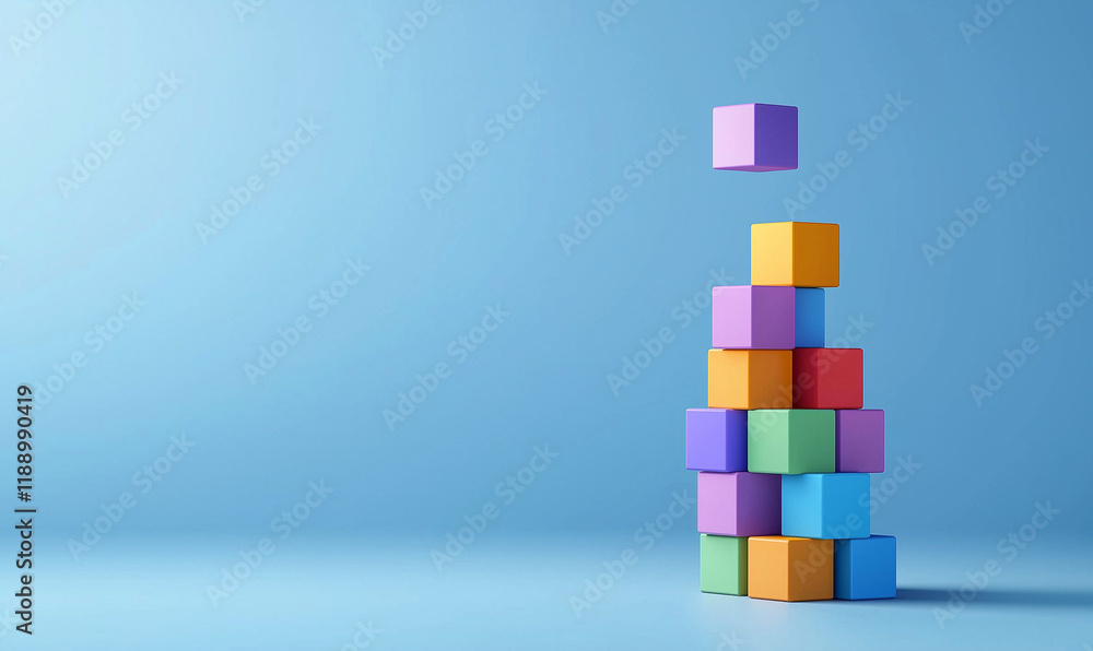 Poster colorful building blocks are stacked against a blue background, with one block hovering above the to