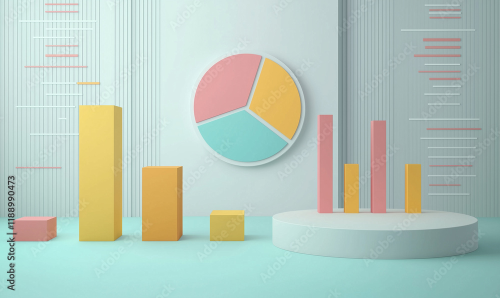Aufkleber colorful 3d graphs and charts on a pastel background, representing data visualization and analysis i