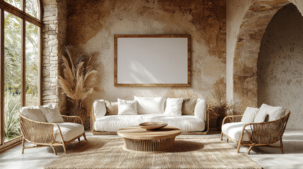 Bohemian Chic Living Room: A sun-drenched living room features a cozy white sofa, wicker armchairs, a rustic wooden coffee table, and a large framed canvas print against a textured stone wall.