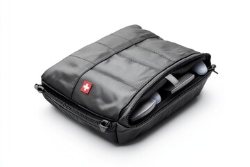 Naklejka premium Stylish black tech bag for gadgets and accessories. This sleek design offers easy organization. Perfect for travel or daily use. Keep your essentials safe. Generative AI