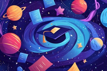 Graduation cap floats in a cosmic space scene