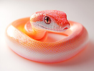 Fototapeta premium chinese new yer theme, a close-up of a pink snake with a glossy scales, coiled on a white surface.