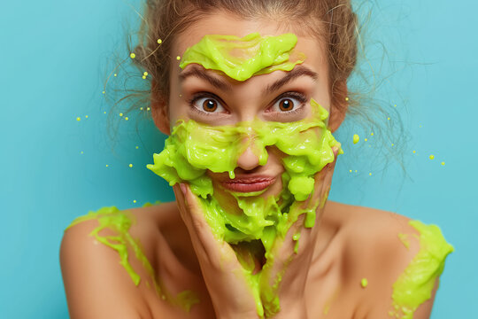 Young woman with green slime on face playfully making fun expressions