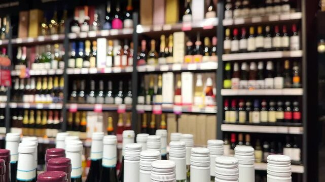 defocused alcohol (wine, champagne, liquor, whiskey) on store shelves