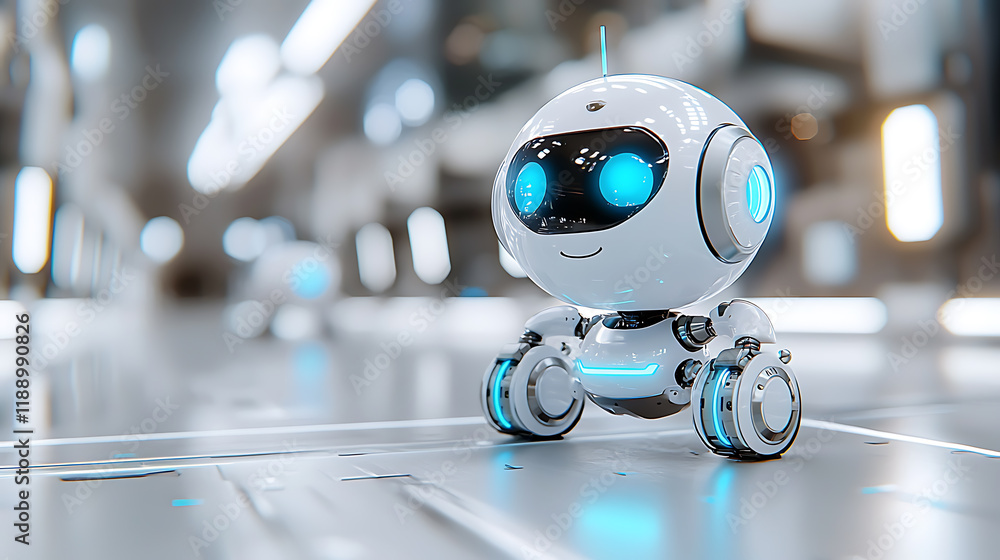 Poster interactive robot explorer futuristic lab digital art high-tech environment close-up innovation and 