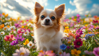A small white and brown dog is sitting in a field of flowers. The dog is looking at the camera and he is happy. The scene is bright and cheerful