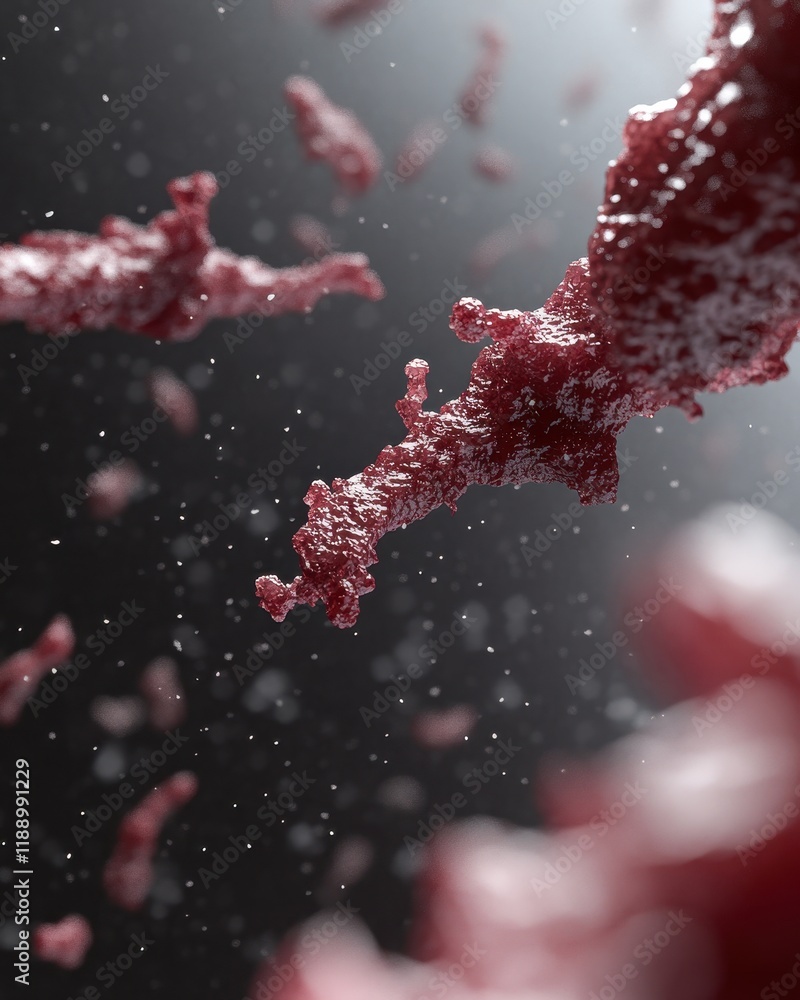 Poster microscopic view of maroon-colored virus particles floating in a dark background