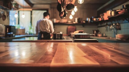 Professional chef, restaurant kitchen, food preparation, wooden countertop, hanging light bulbs, white chef's uniform, chef's hat, chopping vegetables, stainless steel appliances, warm lighting, rusti