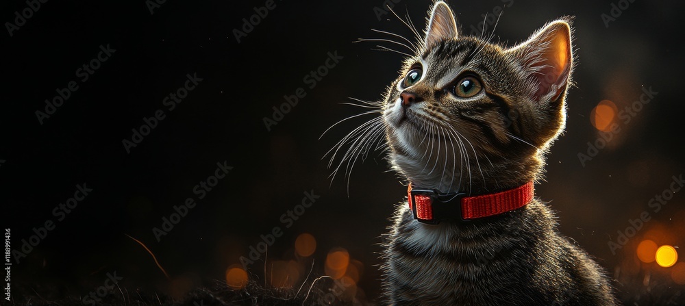 Poster curious tabby cat with red collar on dark background, portrait with copy space on left side