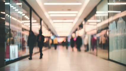 indoor shopping mall, blurred people, motion blur, long hallway, bright lights, reflective floors, glass storefronts, modern architecture, symmetrical composition, vanishing point, busy atmosphere, re
