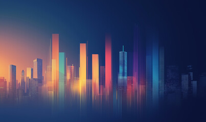 Abstract city skyline with colorful light bars and modern buildings against a dark background.
