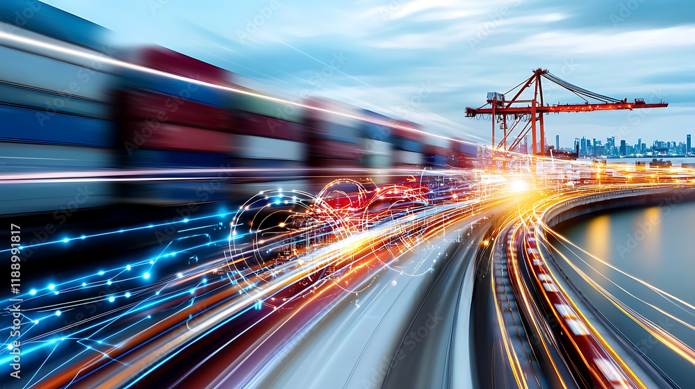 Poster dynamic transport action at port container ship loading scene urban environment motion blur modern l