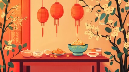 Festive Asian Table Setting With Lanterns and Blossoms