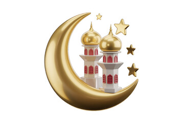 Golden crescent moon with two mosques and stars, symbolizing Islamic celebrations.