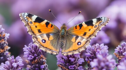 Obraz premium A Painted Lady Butterfly gracefully rests on blooming lavender flowers, showcasing its intricate patterns and vibrant colors in a close-up.