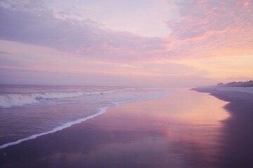 Serene Coastal Sunset Soft Hues Wash Over Beach And Sky