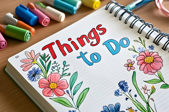 Things to do page in colorful bullet journal with floral designs