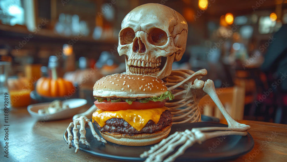 Poster a skeleton is holding a hamburger on a plate. the skeleton is sitting at a table with a few other pe