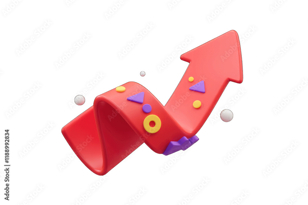 Poster a vibrant 3d upward arrow design, playfully decorated with colorful shapes, symbolizes growth and pr
