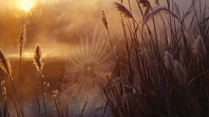 Obraz premium Intricate spider web suspended between reeds by a river, bathed in the soft light of dawn.