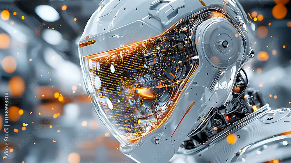 Poster futuristic robot display tech exhibition digital artwork high-tech environment close-up viewpoint in