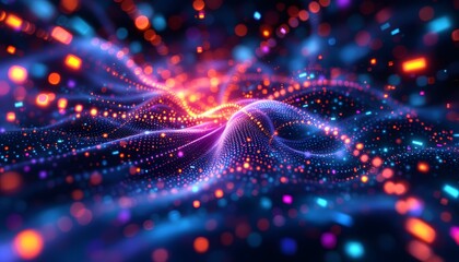 Dynamic wave of glowing particles, evoking innovation and connection, ideal for tech conferences or digital marketing materials