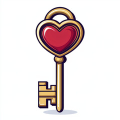 golden key with heart shaped top symbolizes love and romance on white background
