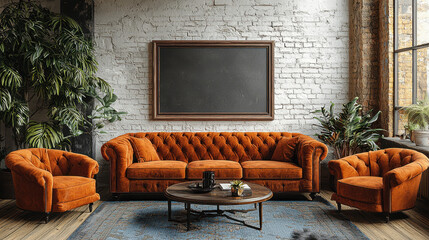 Rustic Chic Living Room: A contemporary living space with an exposed brick wall and large window, showcasing a cozy orange Chesterfield sofa, two matching armchairs.