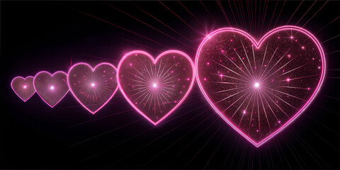 Five pink glowing hearts arranged diagonally on a black background, with a sparkling effect and stars inside, creating a romantic atmosphere.