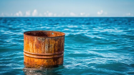 Naklejka premium Environmental Pollution and Ocean Conservation Issues. Rusty barrel floating in clear blue ocean water under a bright sky.