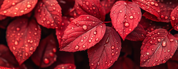 Vibrant red leaves with water droplets close up