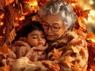 A loving grandma, her silver hair gleaming under soft autumn lights, sits by her grandchild's bed, whispering bedtime stories filled with love, wisdom, and cherished family memories The child