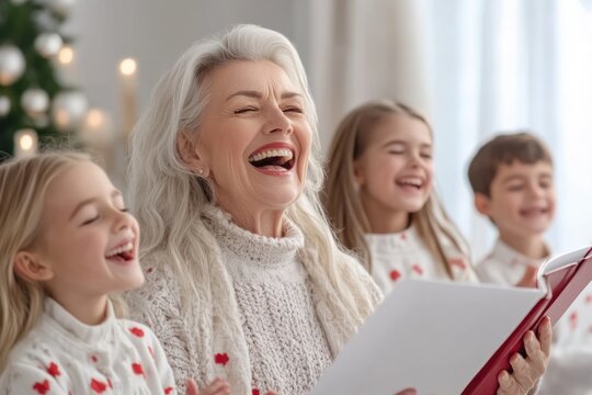 A loving grandma leads her small family choir, her nurturing guidance fostering unity and joy through heartwarming Christmas carols This heartwarming scene captures the essence of family