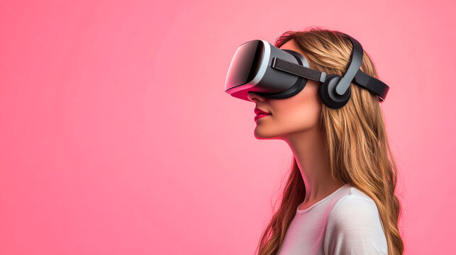 A woman wearing a virtual reality headset is looking at a pink background. Concept of excitement and adventure, as the woman is about to embark on a virtual journey